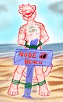 2023 anthro arm_markings arms_tied bdsm beach blush body_writing bondage bound bound_to_object convenient_censorship embarrassed english_text exposed felid fur gag gagged hands_behind_back herseio hi_res humiliation jedader legs_tied location_sign male mammal markings nervous nervous_sweat no_symbol nude nude_beach nudist outside pantherine planted_sign public public_nudity red_body red_fur restraints ring_gag rope rope_bondage sand sea seaside shoulder_markings shy sign sign_graphic signpost simple_background sketch solo speech_bubble spots spotted_body spotted_fur submissive submissive_male symbol text text_on_body tongue water writing_on_chest