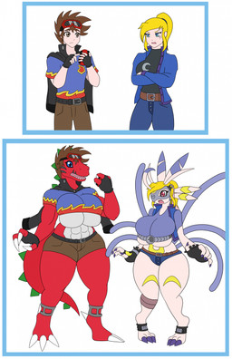 after_transformation anthro big_breasts blue_eyes bottomwear breasts clothing crossgender digimorph duo eyewear female gender_transformation gloves goggles handwear huge_breasts jacket male mtf_transformation red_body red_eyes shirt shorts species_transformation tail topwear transformation white_body urusee584 bandai_namco digimon digimon_(species) human lekismon mammal tyrannomon comic hi_res