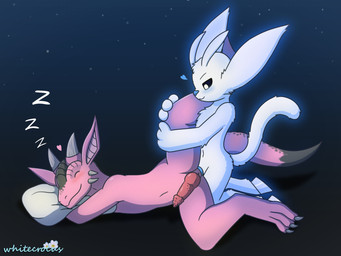 3_fingers 3_toes anal anal_penetration antennae_(anatomy) anthro black_eyes blue_nose blue_penis blush chest_tuft duo eyebrows eyes_closed feet fingers genitals glowing head_tuft heart_symbol hooves horn hug hugging_object hugging_pillow leg_glider_position looking_at_another male male/male male_penetrated male_penetrating male_penetrating_male navel night penetration penis pillow pink_body pupils raised_leg red_penis sex simple_background sleep_sex sleeping smile sound_effects tail toes tuft vowelless vowelless_sound_effect white_body white_pupils zzz whitecrocus microsoft ori_(series) xbox_game_studios ori_(ori) schnee_(snowraider8) guardian_spirit kobold scalie 2025 4:3 digital_media_(artwork) hi_res signature