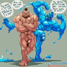 barazoku beard biceps big_muscles body_hair dialogue duo facial_hair huge_muscles hyper hyper_muscles male male/male muscular muscular_male nipples pecs shoulder_hair speech_bubble text rickleone goo_creature humanoid orc english_text