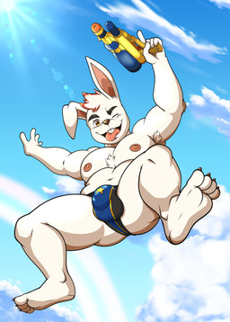 anthro areola balls_outline biped bulge claws clothing detailed_bulge fur genital_outline jumping light low-angle_view male male_anthro midair nipples penis_outline plantigrade speedo sunlight swimwear toe_claws toy toy_gun water_gun white_body white_fur shishibro rock_e_rumble super_soaker rocky_nabba lagomorph leporid mammal rabbit 2025 absurd_res hi_res