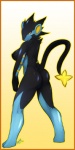 anthro anthrofied blue_body blue_countershading blue_markings border breasts butt countershading female genitals looking_back markings nipples nude orange_border pokemorph pussy raised_tail rear_view red_eyes side_boob solo tail yellow_sclera ryukyur nintendo pokemon felid generation_4_pokemon luxray mammal pokemon_(species) 2010