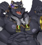 abs anthro biceps black_body black_fur eye_patch eyewear fur gold_(metal) gold_jewelry hair_tassels jewelry male muscular muscular_anthro muscular_male nipples pecs solo wings nekogaki0324 lifewonders tokyo_afterschool_summoners tezcatlipoca_(tas) felid mammal pantherine low_res