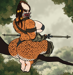 armor barefoot big_breasts big_butt branch breasts butt claws clothed clothing countershading dreadlocks feet female fishnet_clothing fishnet_legwear forest hair huge_butt jungle legwear looking_at_viewer looking_back mandibles markings melee_weapon muscular muscular_female open_mouth outside plant polearm rear_view sharp_teeth sitting skimpy solo spear spots spotted_body teeth thick_thighs thigh_highs toes tree underwear weapon wide_hips gremlinchalk predator_(franchise) alien alien_humanoid humanoid scalie yautja digital_drawing_(artwork) digital_media_(artwork) hi_res