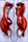 animal_genitalia anthro balls bed biped dakimakura ear_piercing eyes_closed fully_sheathed fur furniture genitals hair looking_at_viewer lying male nude paws piercing sheath smile solo tail lunalei peteeliot canid canine fox mammal 2014 dakimakura_design