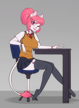 absolute_territory anthro big_breasts blush breasts clothing desk female furniture gesture hand_gesture legwear looking_at_viewer necktie one_eye_closed open_mouth open_smile pointing pointing_down school_uniform sex_toy sitting smile solo squish table tail tail_tuft thigh_highs thigh_squish tuft uniform v_sign vibrator wink scorpdk domestic_cat felid feline felis mammal 2023 absurd_res hi_res