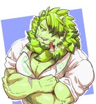 anthro biceps cigar clothed clothing eyebrows facial_scar fur green_body green_eyebrows green_eyes green_fur green_mane hair hair_over_eye male mane muscular muscular_anthro muscular_male one_eye_obstructed pecs pink_nose scar shirt smoke smoking solo thick_eyebrows topwear debirobu anothereidos_of_dragon_vein_r leonhart_(anothereidos_r) felid lion mammal pantherine 2021 colored