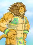 abs anthro athletic biceps big_muscles blue_eyes bottomwear brown_hair brown_nose chest_tuft claws clothed clothing fur hair loincloth male mane muscular muscular_anthro muscular_male necktie partially_clothed pecs solo tuft wristband wildheit felid lion mammal pantherine 3:4