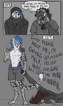anthro blue_eyes blue_hair brown_body brown_eyes brown_fur claws clothed clothing coat dialogue digitigrade duo female finger_claws fur grey_body grey_fur hair half-closed_eyes hand_holding hat headgear headwear male markings narrowed_eyes scarf short_sleeves snout spots spotted_body spotted_fur text topless topless_anthro topwear gureeookami cheetah felid feline gulonine king_cheetah mammal mustelid musteline wolverine 3:5 english_text hi_res signature
