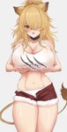 big_breasts blonde_hair blush bottomwear breasts brown_hair choker clothing crop_top female hair hair_over_eye holding_breast huge_breasts jewelry navel necklace panties shirt shorts solo tail tongue tongue_out topwear underwear radioneet arknights hypergryph studio_montagne siege_(arknights) animal_humanoid felid felid_humanoid humanoid lion_humanoid mammal mammal_humanoid pantherine pantherine_humanoid 2023 hi_res