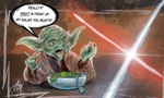 anthro blue_lightsaber dialogue eating food green_body green_skin humor lightsaber male melee_weapon red_lightsaber salad solo speech_bubble text weapon aerosaur83 star_wars yoda alien yoda's_species 2020 digital_media_(artwork) english_text hi_res meme