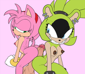 anthro big_penis blue_eyes breasts clothing ear_piercing ear_ring female genitals gloves green_body green_eyes group handwear male male/female nipple_piercing nipples penis piercing pink_body ring_piercing rubbing_butt sharp_teeth smile teeth trio anonymous_artist idw_publishing sega sonic_the_hedgehog_(comics) sonic_the_hedgehog_(idw) sonic_the_hedgehog_(series) amy_rose surge_the_tenrec afrosoricid eulipotyphlan hedgehog mammal tenrec absurd_res hi_res