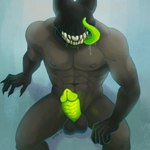 1:1 2023 abs areola balls bodily_fluids dripping eyeless fangs genitals grey_body hi_res high-angle_view humanoid male monster monstrous_humanoid muscular muscular_humanoid muscular_male nonbinary_(lore) not_furry ornge penis ridged_penis saliva saliva_drip saliva_on_tongue scary sitting solo teeth