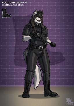 belt black_leather boots bottomwear brick brick_background clothed clothing facial_hair footwear fully_clothed gloves hair hair_over_eyes handwear hat headgear headwear leather leather_clothing leather_daddy long_hair male mustache pants riding_crop shirt shoes solo standing tail text topwear whip torrosketch calhoun_(subowofer) canid canine canis humanoid mammal wolf english_text hi_res