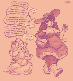 ambiguous_gender anthro boots breasts candy clothing dessert dialogue dress duo female feral food footwear hat headgear headwear overweight shoes sweats keffotin nintendo pokemon generation_8_pokemon human mammal milcery pokemon_(species) 2021 hi_res
