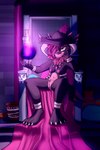 anthro anthrofied breasts chair dark_magic female furniture genitals magic pokemorph purple_light pussy solo throne pingumarci nintendo pokemon fan_character canid canine generation_2_pokemon generation_4_pokemon houndoom mammal mismagius pokemon_(species) 2:3 absurd_res hi_res purple_theme