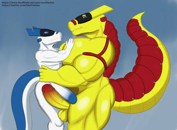 anthro balls biceps big_muscles blue_body blue_eyes blue_glans circumcised duo genitals glans hug huge_muscles machine male male/male muscular muscular_anthro muscular_male penile penis penises_touching red_body side_view simple_background size_difference tail white_body white_penis yellow_balls yellow_body yellow_eyes yellow_penis seriftarkus android robot synth_(vader-san) absurd_res hi_res