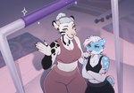 anthro barbell black_bottomwear black_bra black_clothing black_markings black_pants black_underwear blue_body blue_fur bottomwear bra breasts cheek_tuft chest_tuft cleavage clothed clothing duo ear_piercing facial_tuft female fur green_eyes hair hand_on_shoulder inside markings midriff navel pants piercing pink_bottomwear pink_bra pink_clothing pink_eyes pink_markings pink_pants pink_underwear short_hair short_tail sports_bra spots spotted_body spotted_fur standing tail tied_hair tuft underwear white_body white_fur white_hair white_spots yoga_mat yoga_pants smileeeeeee jade_(wolfmaster96370) nebula_(smu) felid mammal pantherine prehistoric_species saber-toothed_tiger colored digital_media_(artwork) hi_res shaded