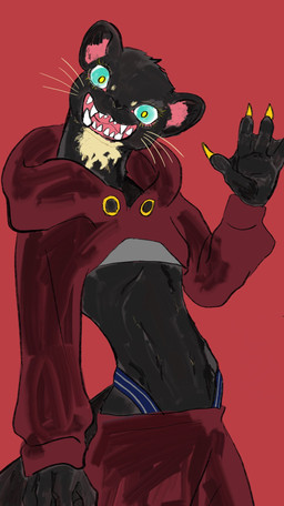 anthro black_body black_fur blue_eyes bottomwear claws clothed clothing crop_top fangs female fur gesture hoodie looking_at_viewer membrane_(anatomy) navel open_mouth open_smile pants red_background sharp_teeth shirt simple_background skinny smile solo tail teeth topwear underwear waving waving_at_viewer webbed_hands whiskers kyokyota giant_otter mammal mustelid musteline otter river_otter true_musteline 2020 digital_media_(artwork) hi_res