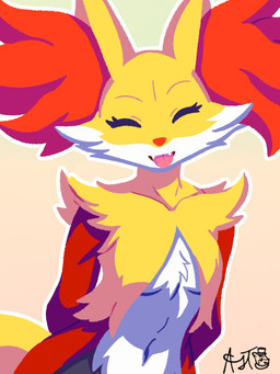 anthro breasts eyelashes eyes_closed fangs female female_anthro fur hands_behind_back inner_ear_fluff multicolored_body navel orange_body orange_fur simple_background small_breasts solo tail teeth tongue tongue_out tuft white_body white_fur yellow_body yellow_fur fulgito_ast nintendo pokemon buizel canid canine delphox generation_4_pokemon generation_6_pokemon mammal pokemon_(species) 2026 3:4 hi_res signature