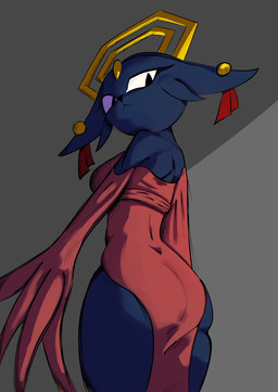 anthro big_butt black_eyes black_nose breasts butt clothing dress ear_piercing eyelashes female forehead_gem gem grey_background halo looking_at_viewer looking_back looking_back_at_viewer piercing pink_clothing pink_dress rear_view simple_background solo thick_thighs wide_hips monjja nine_sols red_candle_games goumang_(nine_sols) felid feline mammal solarian hi_res