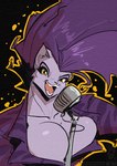 2021 anthro breasts cleavage clothed clothing conditional_dnp domestic_cat electronics fangs felid feline felis female fur hair jollyjack mammal microphone open_mouth purple_body purple_fur purple_hair solo teeth text url yellow_eyes