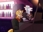 anthro bar bottle clothed clothing container duo eyebrows eyes_closed fur hair inside jacket kerchief keyboard_instrument male musical_instrument neckerchief neckwear open_mouth piano playing_music shirt singing sitting smile suit t-shirt teeth tongue topwear tuft tuxedo_shirt ventkazemaru nintendo star_fox fox_mccloud wolf_o'donnell canid canine canis fox mammal wolf 2023 dated hi_res watermark