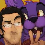 anthro black_hair blush duo eyewear facial_hair fur glasses hair happy machine male open_mouth purple_body purple_fur red_eyes smile teeth conditional_dnp xnirox five_nights_at_freddy's scottgames bonnie_(fnaf) markiplier animatronic human lagomorph leporid mammal rabbit robot 2015