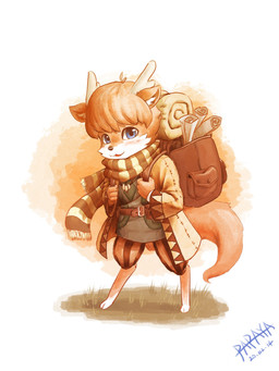 abstract_background anthro antlers backpack black_nose blue_eyes blush bottomwear brown_body brown_bottomwear brown_clothing brown_coat brown_fur brown_hair brown_pants brown_topwear cheek_tuft clothed clothing coat facial_tuft fur glistening glistening_eyes green_clothing green_topwear grey_clothing grey_topwear hair horn jewelry male necklace open_mouth pants pattern_bottomwear pattern_clothing pattern_pants scarf scroll short_hair simple_background solo standing striped_bottomwear striped_clothing striped_pants stripes tan_clothing tan_coat tan_topwear topwear tuft papayafurry species_request 2020 3:4 absurd_res dated full-length_portrait hi_res portrait signature