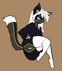 anthro bare_shoulders blush breasts clothing female hair legwear long_hair machine oversized_clothing oversized_shirt oversized_topwear panties shirt solo stockings topwear underwear scorpdk warning_(fluff-kevlar) android felid feline mammal robot hi_res