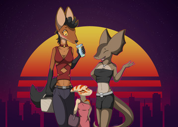 anthro breasts city city_background cityscape female group navel night non-mammal_breasts non-mammal_navel size_difference sunset synthwave trio walking creature71 malia_(creature71) milanna_(creature71) zoli_(creature71) canid canine dinosaur hadrosaurid kobold lizard mammal maned_wolf ornithischian ornithopod parasaurolophus prehistoric_species reptile scalie hi_res