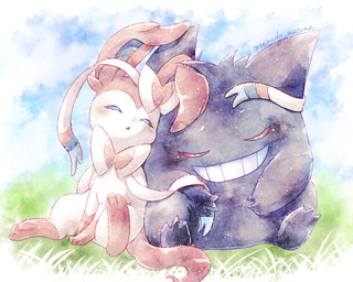 ambiguous_gender blush blush_lines bow_(anatomy) duo eyes_closed feral fur grass paws pink_body pink_fur plant purple_body ribbons_(anatomy) sitting sleeping tail teeth toothy_grin white_body remedy0308 nintendo pokemon eeveelution generation_1_pokemon generation_6_pokemon gengar pokemon_(species) sylveon 2023 5:4 hi_res signature