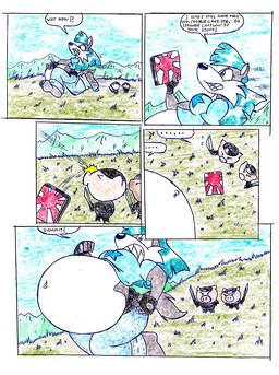 anthro belly big_belly blue_clothing blue_hair blue_shirt blue_topwear clothing female group hair outside overweight shirt speech_bubble text topwear trio virus-20 wendy_wolf_(virus-20) canid canine canis domestic_pig mammal suid suine sus_(pig) wolf 2008 comic english_text
