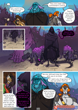 ambiguous_gender angry anthro axe battle_axe blue_body brown_body brown_fur brown_hair dialogue female feral fur grey_body grey_fur hair hooded_cloak invasion male melee_weapon orange_hair outside polearm pseudo_hair purple_body purple_eyes spear surrounded tentacle_hair tentacles text village weapon zummeng alexander_(zummeng) leopold_(zummeng) miralle ambiguous_species aquatic cephalopod coleoid deity demon domestic_cat felid feline felis lion mammal mollusk monster octopodiform pantherine reptile scalie undead zombie 2026 comic english_text hi_res
