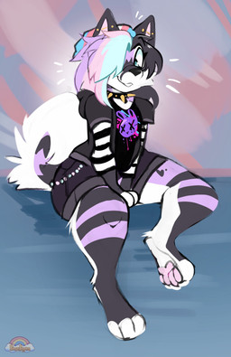 ambiguous_gender anthro bangs black_bottomwear black_clothing black_collar black_hair black_jacket black_nose black_shirt black_shorts black_topwear blue_eyes blue_hair bottomwear cheek_tuft clothing collar curled_tail ear_piercing eyelashes facial_tuft fluffy fluffy_tail fur hair heart_(marking) jacket long_hair looking_down markings multicolored_body multicolored_fur multicolored_hair pawpads piercing pink_hair pink_pawpads purple_hair shirt shorts sitting smile solo spiked_collar spikes tail topwear tuft rose_puppies canid canine mammal absurd_res colored_sketch flat_colors hi_res sketch