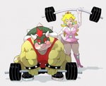 anthro blush bodily_fluids breasts clothing crown duo exercise eyes_closed female hair headgear humanoid_hands kemono male musclegut muscular sweat underwear workout wrestling_singlet dumdum mario_bros nintendo bowser princess_peach human koopa mammal scalie 2021