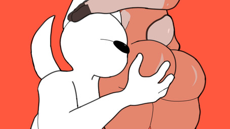 4_fingers anthro black_nose brown_body brown_fur butt butt_grab duo eyeless faceless_character faceless_male female fingers fur hand_on_butt hand_on_head head_on_hip highlights_(coloring) male male/female simple_background tail white_body white_fur bull3t beat_banger bunfan_games elaine_claire protagonist_(beat_banger) canid canine lagomorph leporid mammal rabbit 16:9 4k absurd_res digital_drawing_(artwork) digital_media_(artwork) hi_res widescreen