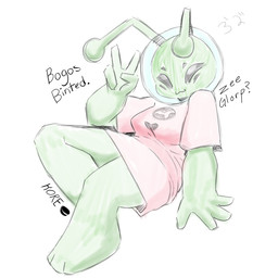 4_fingers antennae_(anatomy) armor clothed clothing female fingers green_body green_skin headgear height helmet multi_eye pink_clothing pink_shirt pink_topwear shirt smile solo text topwear koreobiscuit bogos_binted alien alien_humanoid humanoid 1:1 digital_media_(artwork) hi_res signature