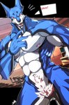 abs biceps blue_body blue_fur chair featureless_crotch fur furniture looking_at_viewer male muscular muscular_male nipples nude pecs red_eyes solo white_body white_fur inukamui power_rangers super_sentai tokusou_sentai_dekaranger doggie_kruger canid canine canis domestic_dog mammal hi_res