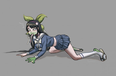 accessory bangs black_hair blue_bottomwear blue_clothing blue_skirt blue_topwear blush blush_lines bodily_fluids bottomwear bow_tie clothed clothing eyelashes eyelashes_through_hair falling_over female footwear green_body green_skin grey_background hair headband membrane_(anatomy) ripped_socks saliva sandals shocked shoes simple_background skirt socks socks_with_sandals solo star_accessory tears tongue_hanging_out topwear torn_clothing transformation translucent translucent_hair tripping twintails_(hairstyle) webbed_hands white_bow_tie lawaros danganronpa danganronpa_v3 spike_chunsoft tenko_chabashira amphibian amphibian_humanoid animal_humanoid frog frog_humanoid human humanoid mammal 2025 hi_res