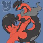 1:1 5_fingers anthro anthrofied areola avian black_body black_skin blue_background blue_eyes breasts butt butt_grab claws erect_nipples female fingers fur generation_6_pokemon grey_body grey_fur hand_on_butt hi_res horn legendary_pokemon looking_at_viewer markings neck_tuft nintendo nipples non-mammal_breasts nude pokemon pokemon_(species) pokemorph posexe red_body red_skin simple_background smile solo spikes standing thick_thighs tuft watermark wide_hips wings yveltal