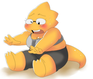 anthro athletic_wear blush bodily_fluids exercise eyewear female glasses one_eye_closed shortstack shortstack_female simple_background slightly_chubby slightly_chubby_female solo stretching sweat sweat_stain white_background workout workout_clothing yellow_body yellow_skin alpi undertale undertale_(series) alphys lizard reptile scalie 2019 archived_source