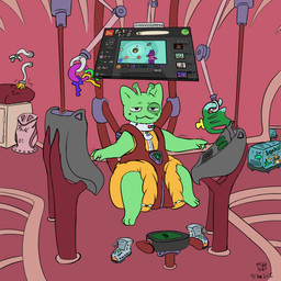 3_toes 4_fingers ageplay ambiguous_gender antennae_(anatomy) anthro baby_bottle baby_bouncer barefoot biped changing_table clickbait clothed clothing collar computer_keyboard console control_panel detailed_background diaper diaper_fetish diaper_package diaper_pail diaper_under_clothing diaper_under_onesie dusting eye_spot feet fingers fur green_body green_fur inside keyring lock_symbol logo looking_forward motion_lines noseless onesie parody relaxed_expression robotic_arm roleplay screen solo stairs suspension text toes velcro_footwear wearing_diaper youtube_logo zipper m3g4 fake_brand pampers youtube youtube_kids glee_glorp_(boredomwithfriends) alien domestic_cat felid feline felis mammal 1:1 2025 absurd_res artist_name colored dated digital_media_(artwork) english_text flat_colors hi_res picture_in_picture