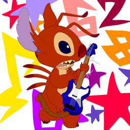 4_arms 4_fingers abstract_background antennae_(anatomy) back_spines bass_guitar blue_eyes broken_music_string chest_tuft claws fingers fur guitar head_tuft holding_object multi_arm multi_limb musical_instrument musical_note musical_symbol nose_wrinkle open_mouth playing_music plucked_string_instrument red_body red_claws red_fur red_nose simple_background small_tail solo star string_instrument symbol tail toe_claws tuft white_background m_ssk626 disney lilo_and_stitch leroy_(lilo_and_stitch) alien experiment_(lilo_and_stitch) 1:1 2010 digital_media_(artwork) low_res