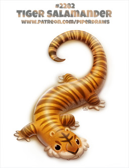 ambiguous_gender black_eyes fangs feral humor pun simple_background solo sprawling_gait teeth text visual_pun white_background piper_thibodeau amphibian felid hybrid mammal mole_salamander pantherine salamander tiger tiger_salamander 2019 digital_media_(artwork) digital_painting_(artwork) painting_(artwork) url