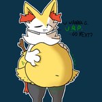 1:1 2023 3_fingers ambiguous_anthro ambiguous_gender ambiguous_pred ambiguous_prey anthro anthro_prey asking_viewer belly belly_squeeze big_belly biped black_body black_eyebrows black_legs black_nose black_skin black_text blue_background bodily_noises braixen burping canid canine cheek_tuft churn derived_sound_effect dialogue digestion digestion_noises digital_drawing_(artwork) digital_media_(artwork) dipstick_tail ellipsis english_description english_text eyebrows facial_tuft fingers fluffy fluffy_tail fully_inside fur generation_6_pokemon green_text hand_on_belly hand_on_own_belly hands_on_belly hands_on_own_belly hi_res hip_tuft huge_belly inner_ear_fluff interrupted_speech looking_at_viewer looking_well-fed mammal markings monotone_arms monotone_background monotone_belly monotone_hands monotone_legs monotone_neck multicolored_body multicolored_fur narrowed_eyes navel neck_tuft nintendo nude_ambiguous nude_anthro one_eye_closed onomatopoeia open_mouth open_smile orange_body orange_fur orange_inner_ear_fluff orange_tail_tip pokemon pokemon_(species) portrait question rumbling_stomach same_size_vore satisfied_look shaded simple_background simple_shading smile smiling_at_viewer soft_shading soft_vore solo sound_effects standing stick tail tail_markings talking_to_viewer tcsrjx text three-quarter_portrait tuft two_tone_tail unseen_prey vore vore_invitation white_arms white_body white_face white_fingers white_fur white_hands white_neck white_tuft wink winking_at_viewer yellow_belly yellow_body yellow_ears yellow_fur yellow_head yellow_tail yellow_tuft yes-no_question