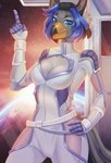 5_fingers beak blue_eyes blue_hair bodysuit breasts cleavage_cutout clothing cutout female fingers hair looking_at_viewer skinsuit smile solo tight_clothing naiterion 2022 digital_media_(artwork)