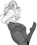 big_butt bottomwear butt clothed clothing crossed_arms dark_body dark_skin eyes_closed female frown hair huge_butt long_hair not_furry rear_view shirt simple_background skirt solo topwear white_background white_hair wide_hips synecdoche plus-sized_elf kuroeda_(plus-sized_elf) dark_elf elf humanoid hi_res monochrome