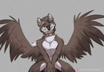 2022 anthro brown_body brown_feathers brown_fur canid canine canis collar digital_media_(artwork) domestic_dog eyewear feathered_wings feathers fur glasses green_eyes koul looking_at_viewer male mammal nude simple_background sitting solo wings