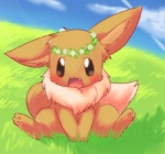 black_eyes blush brown_body brown_fur cloud fangs female feral floral flower flower_crown flower_garland fur garland grass grass_field head_wreath looking_at_viewer open_mouth outside pawpads paws plant sitting sky solo tail teeth salt_(artist) nintendo pokemon canid canine eevee generation_1_pokemon mammal pokemon_(species) low_res